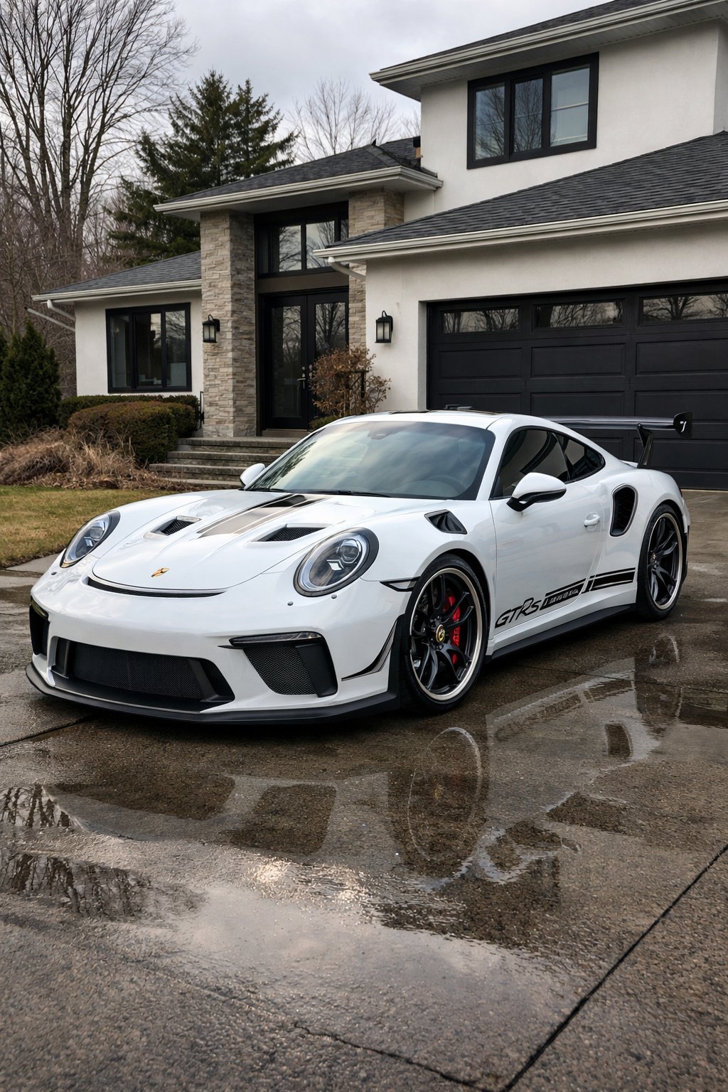 White Porsche 911 GT3 sports car parked in driveway of modern two-story house with black garage and stone accent